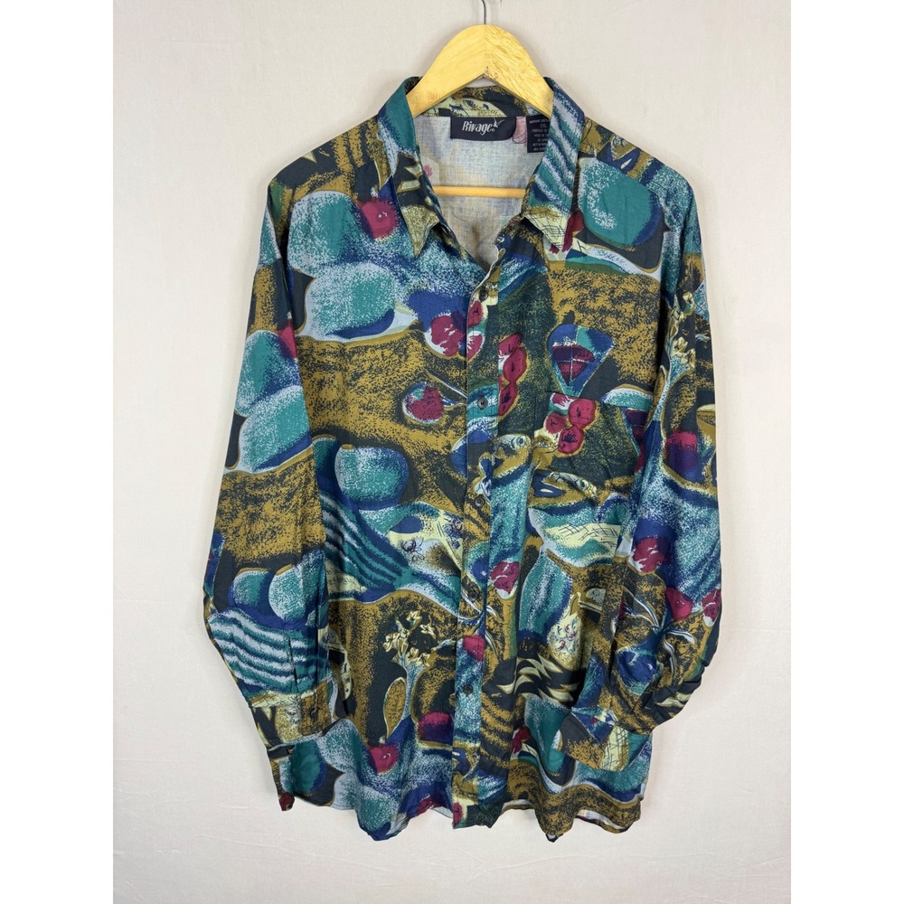 Vinatge 90s‎ Rivage Mens 2XL Abstract Art Button Down Shirt Rayon Teal Gold